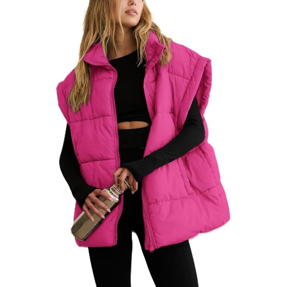 Women's Hot Pink Winter Puffer Vest Quilted Lightweight Stand Collar Sleeveless